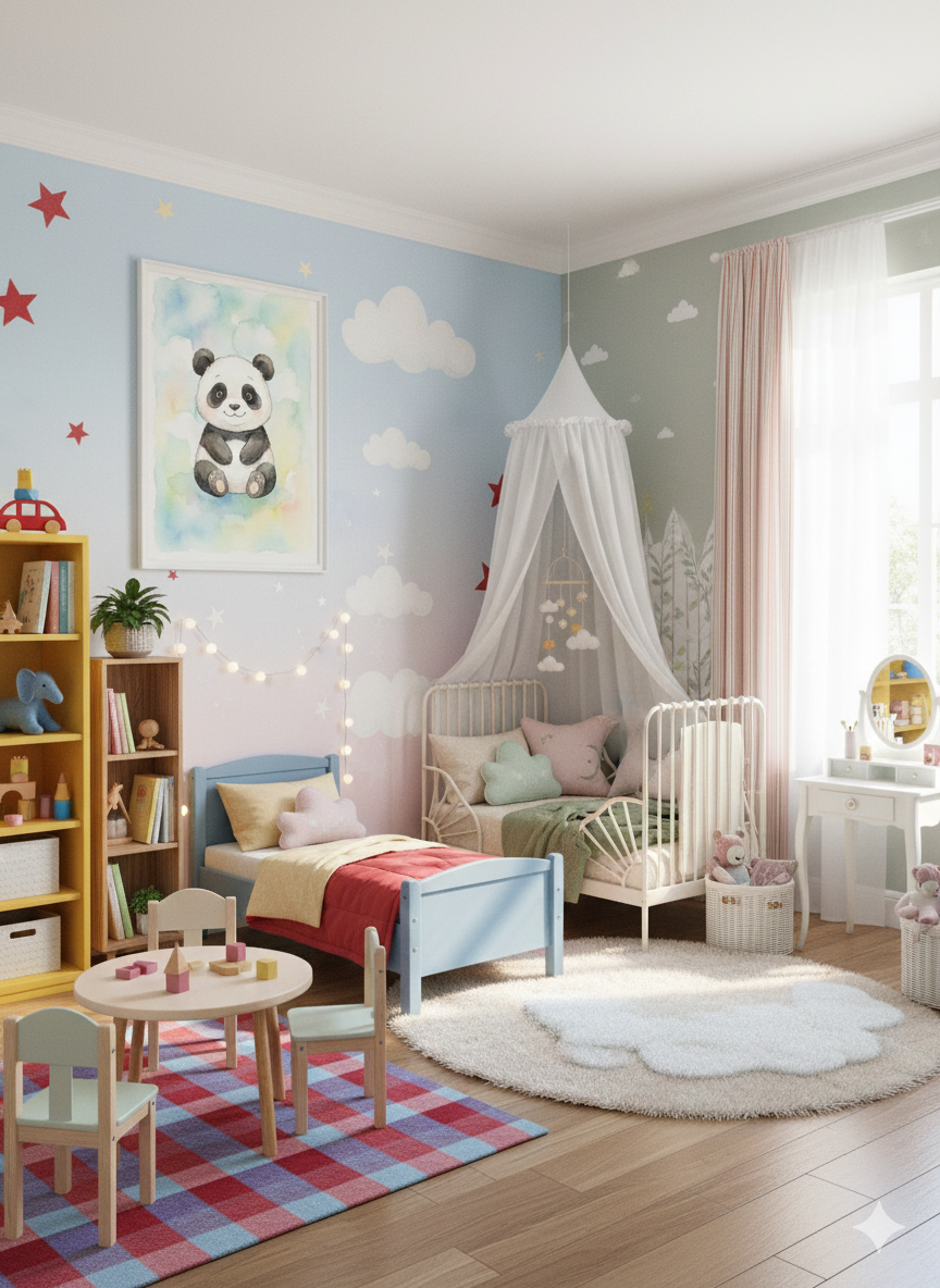 Children's bedroom with panda poster, bookshelf, and play area.