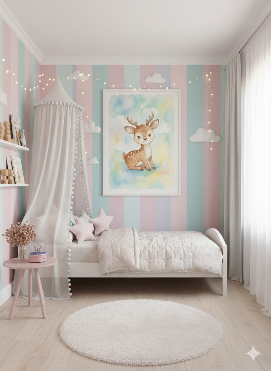 Children's bedroom with striped walls, a bed, and a deer-themed wall art.