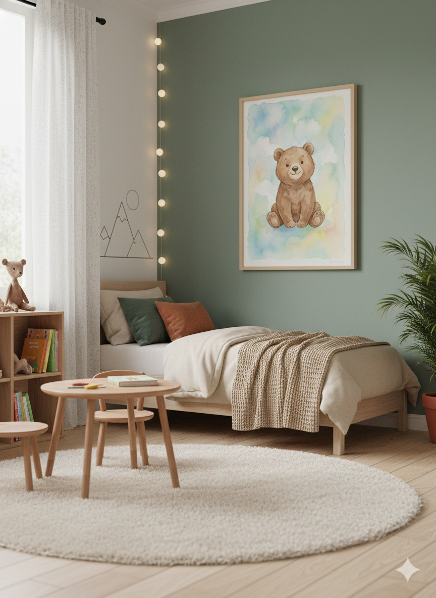 Children's bedroom with a teddy bear theme, including a bed, table, chairs, and wall art.
