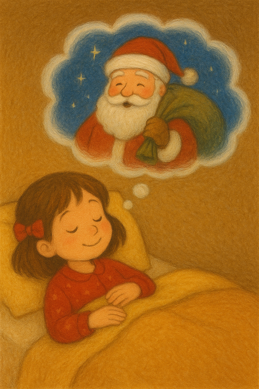 Illustration of a child in bed dreaming about Santa Claus.