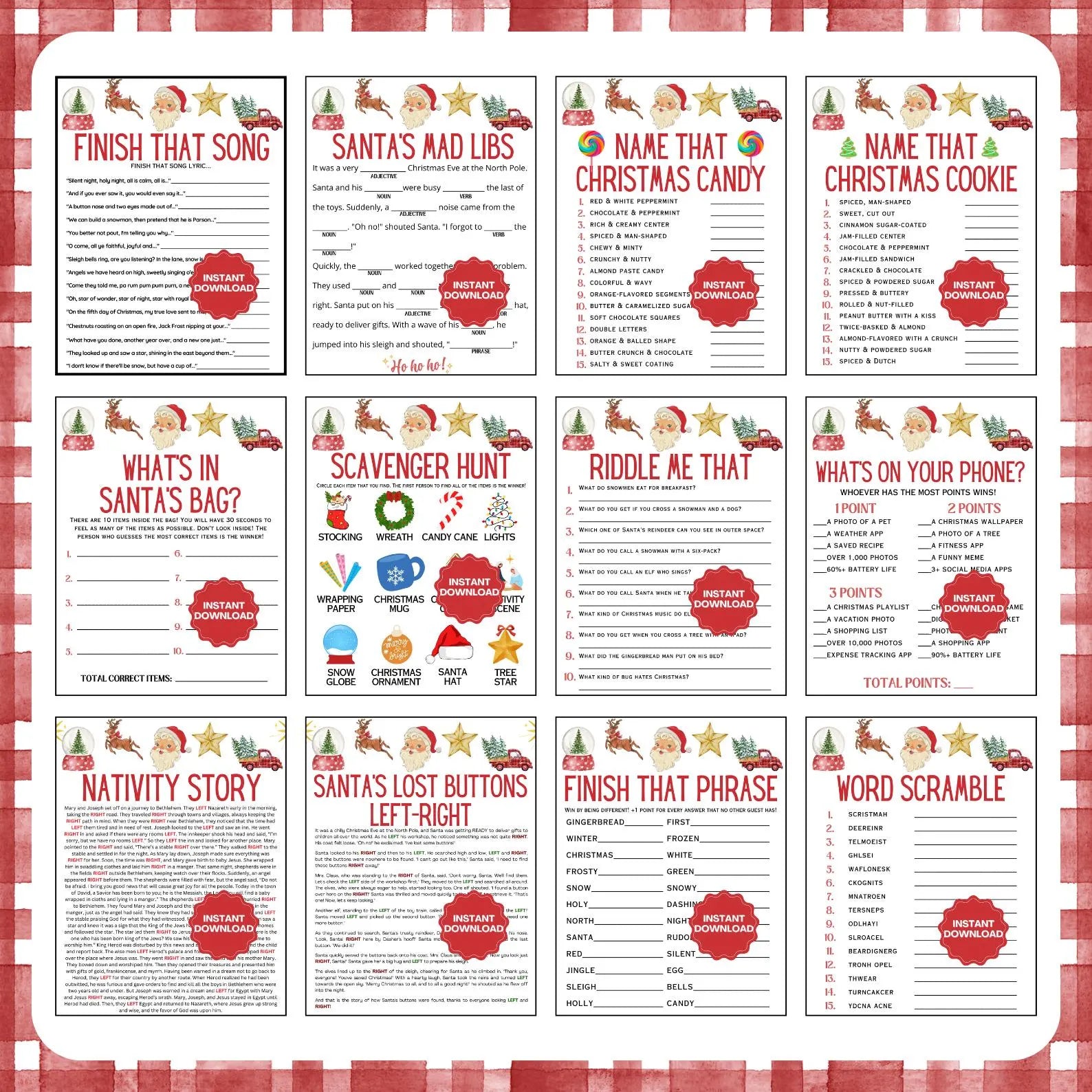 Collection of Christmas-themed games on a red and white checkered background