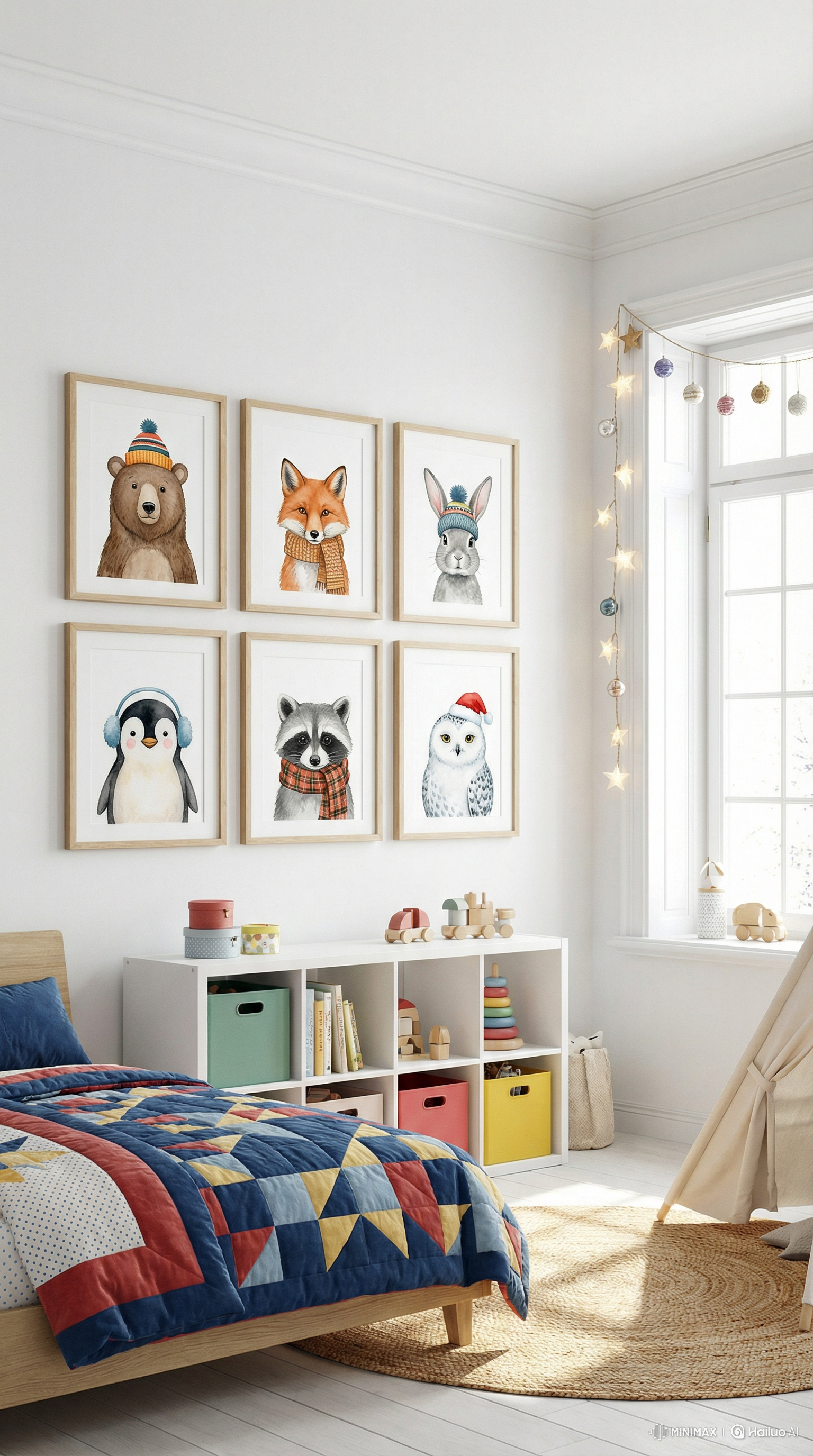 Children's bedroom with framed animal prints on the wall