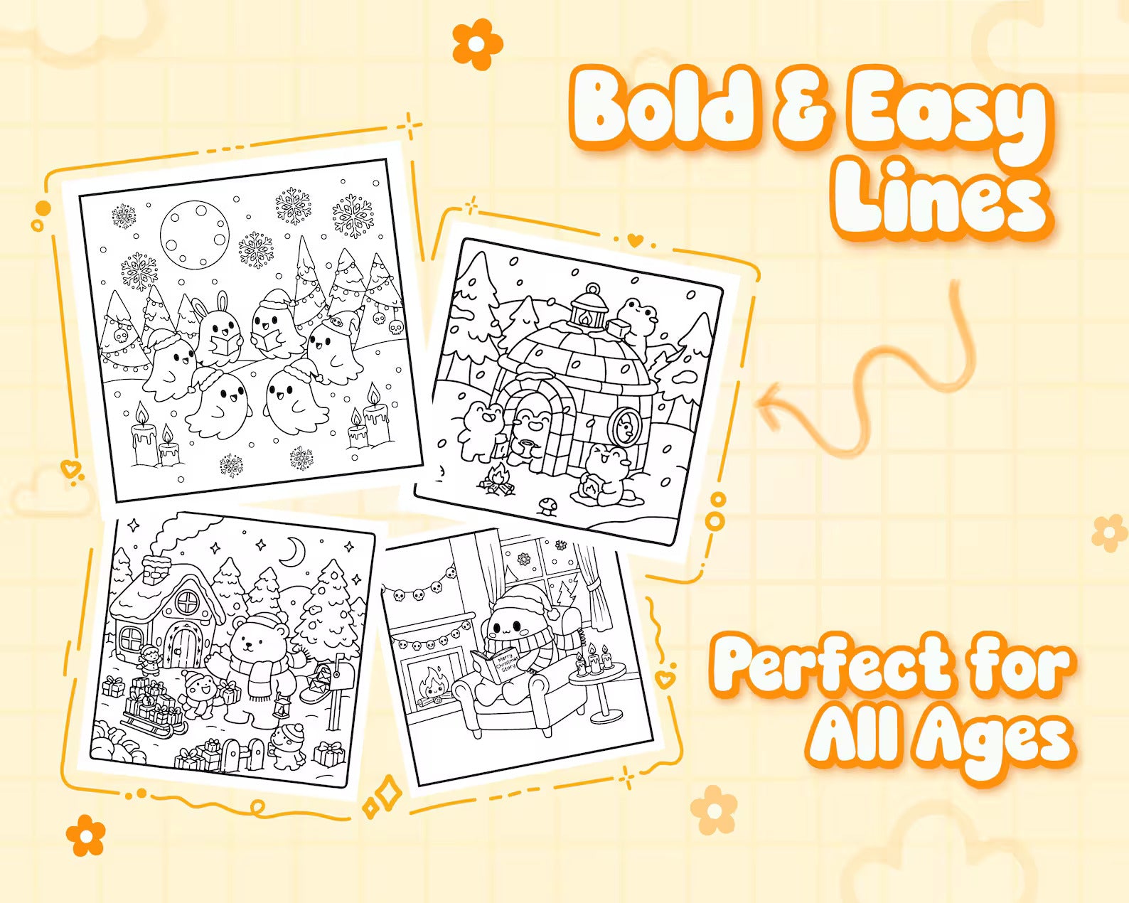 Coloring book pages with Christmas-themed illustrations on a yellow background.