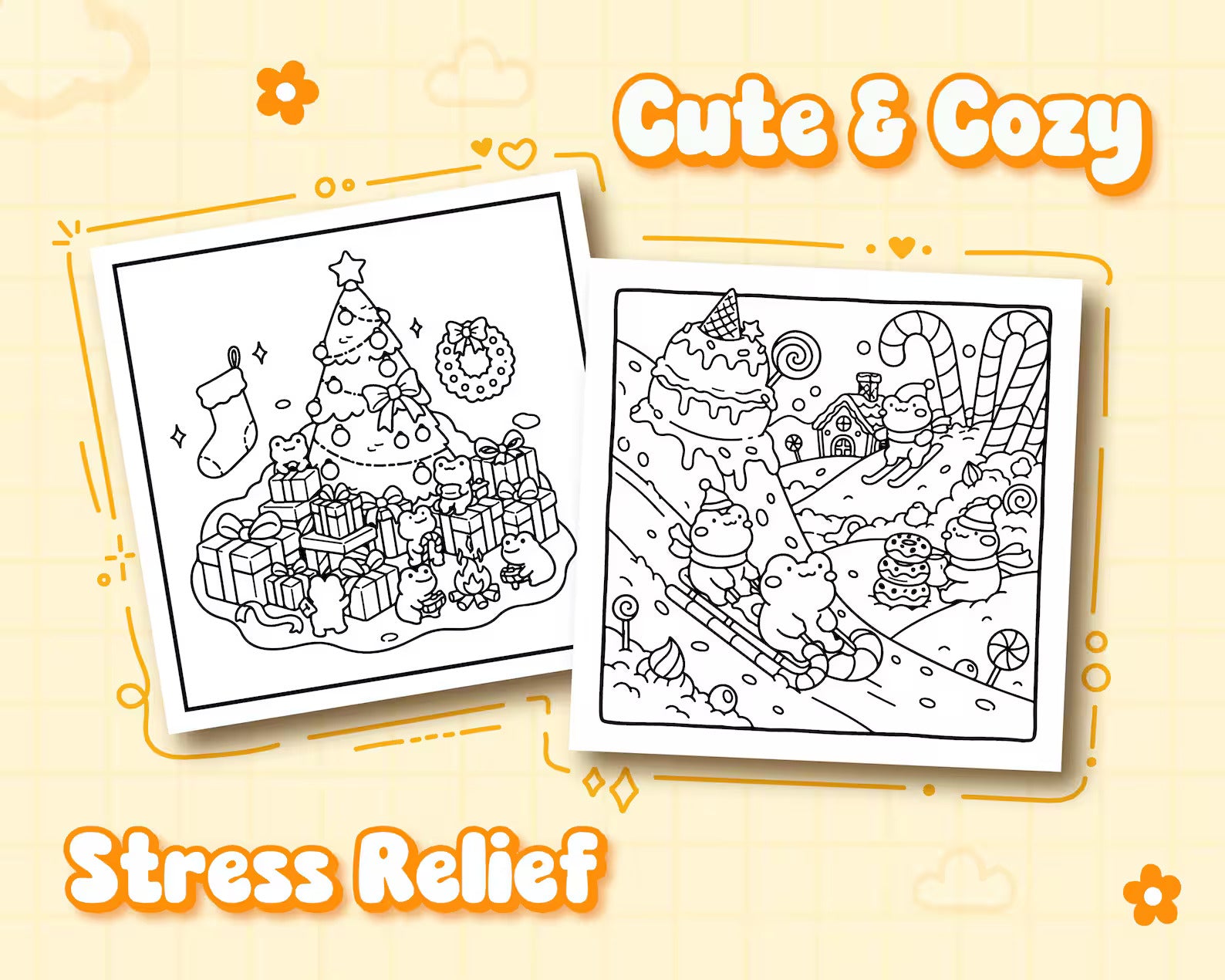 Two coloring pages with Christmas-themed illustrations on a yellow background, labeled 'Cute & Cozy' and 'Stress Relief'.