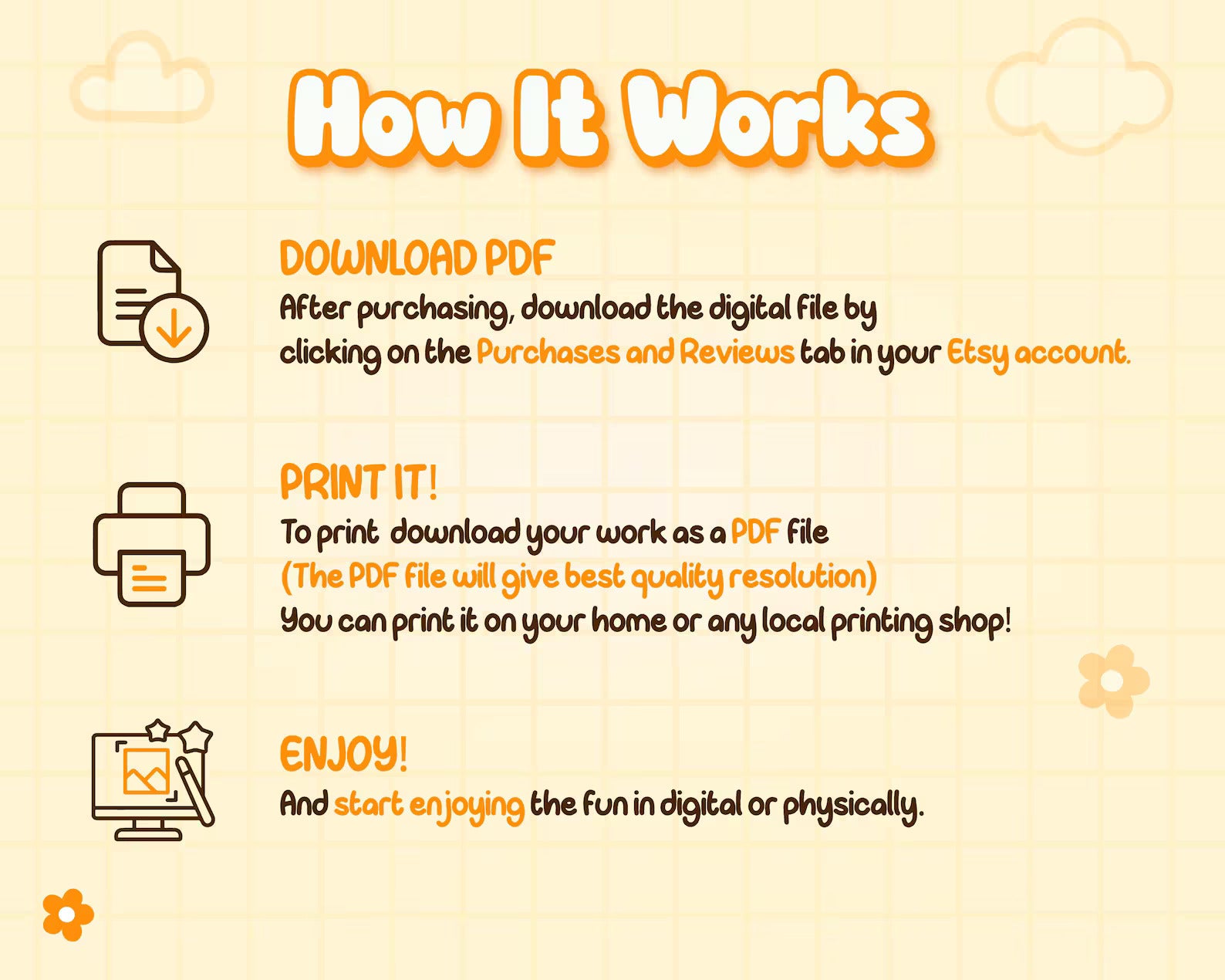 Instructions on how to download and print a digital file from an Etsy account on a yellow background.