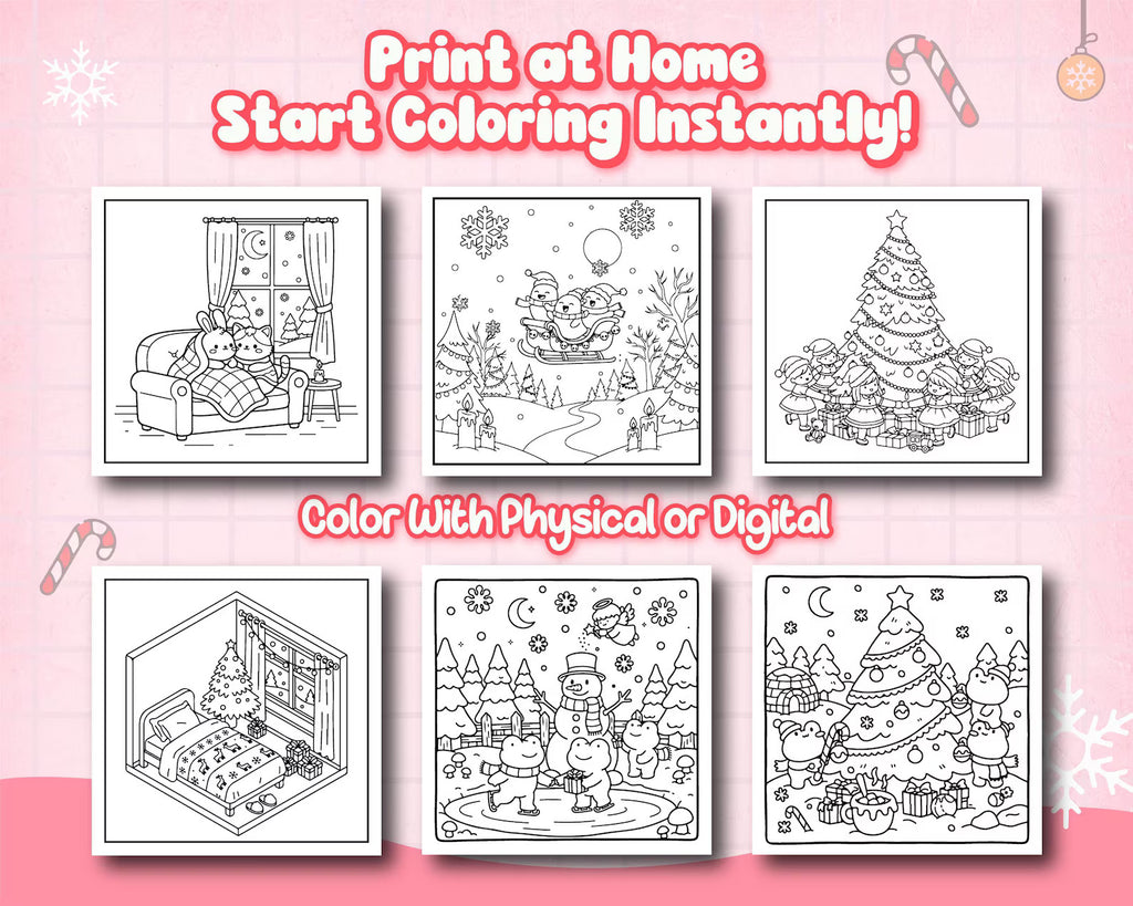 Set of Christmas-themed coloring pages on a pink background with text promoting coloring at home.