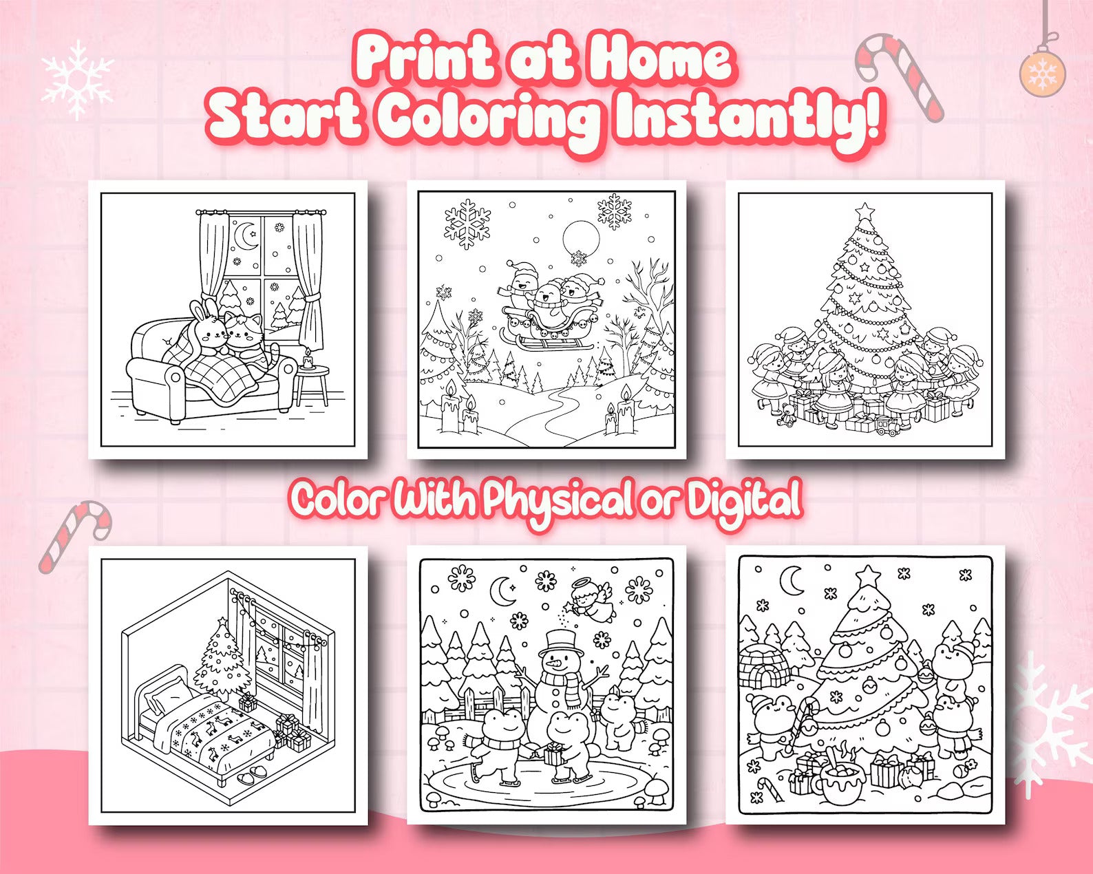 Set of Christmas-themed coloring pages on a pink background with text promoting coloring at home.