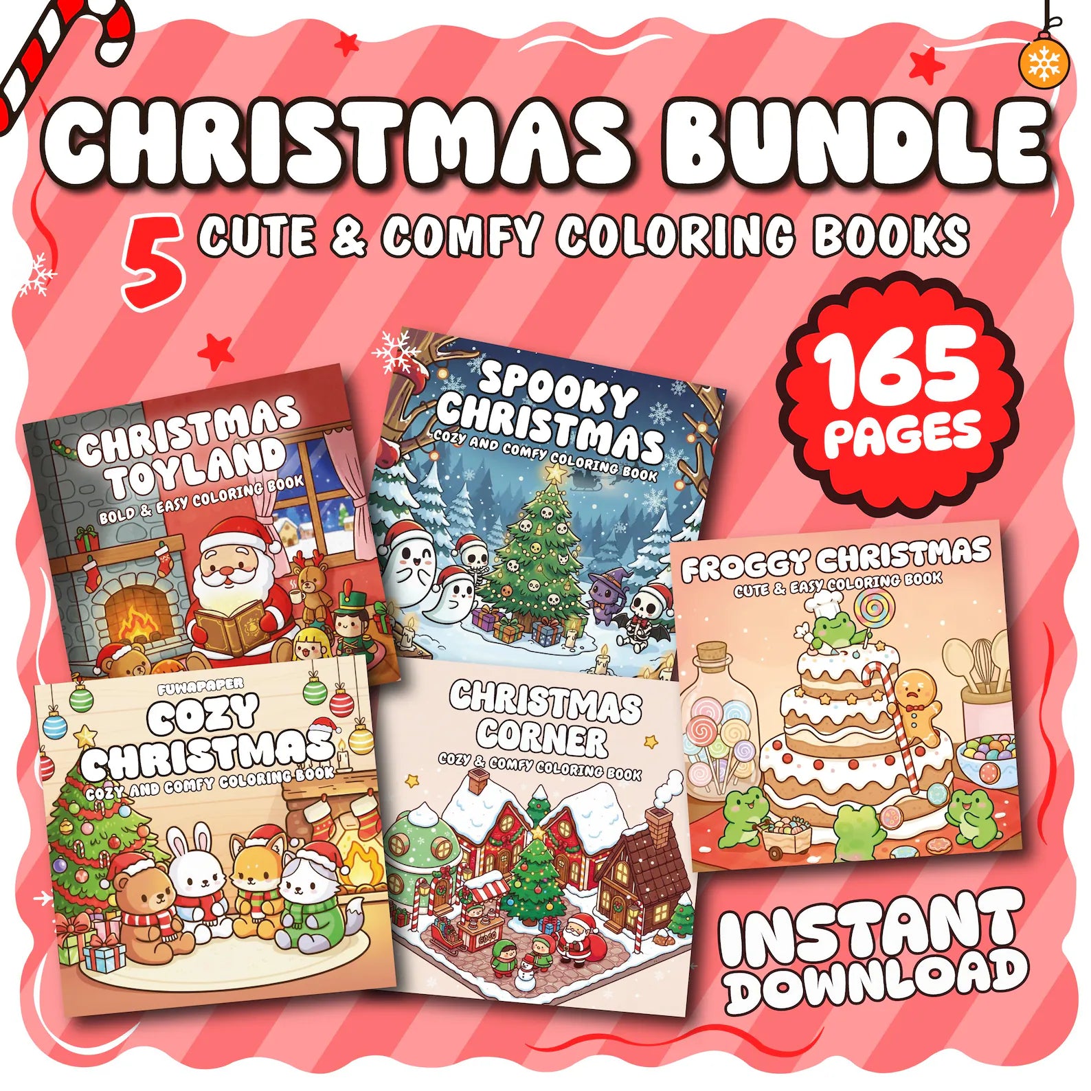 Promotional image of a Christmas coloring book bundle with colorful covers and text on a pink background.