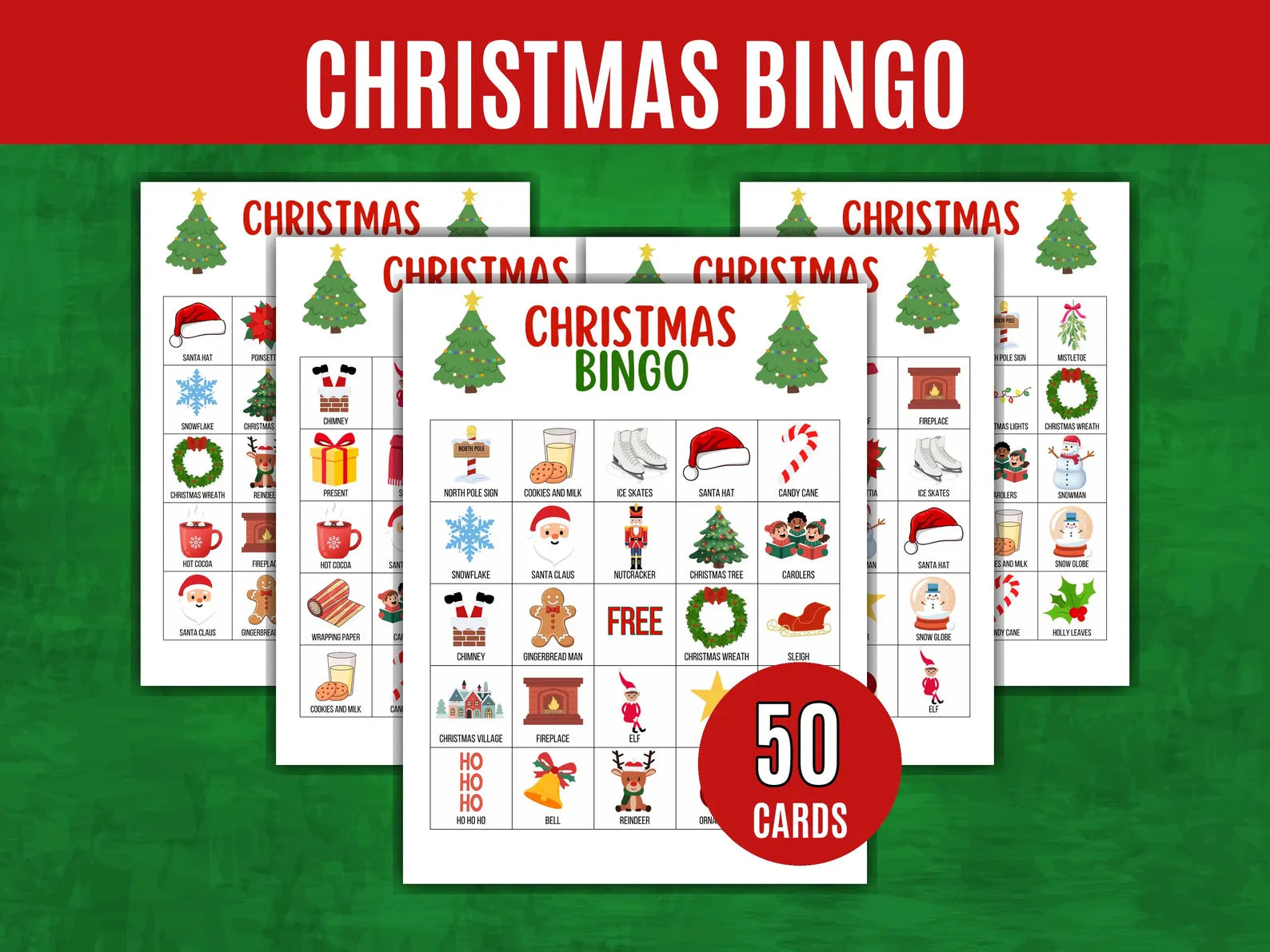 Set of Christmas bingo cards with various holiday-themed images on a green background.
