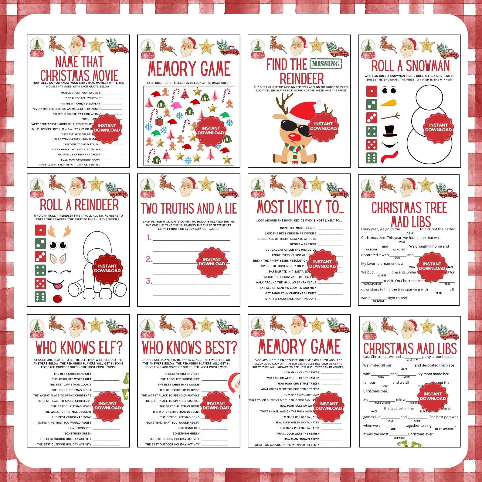 Collection of Christmas-themed games and activities on a red and white checkered background