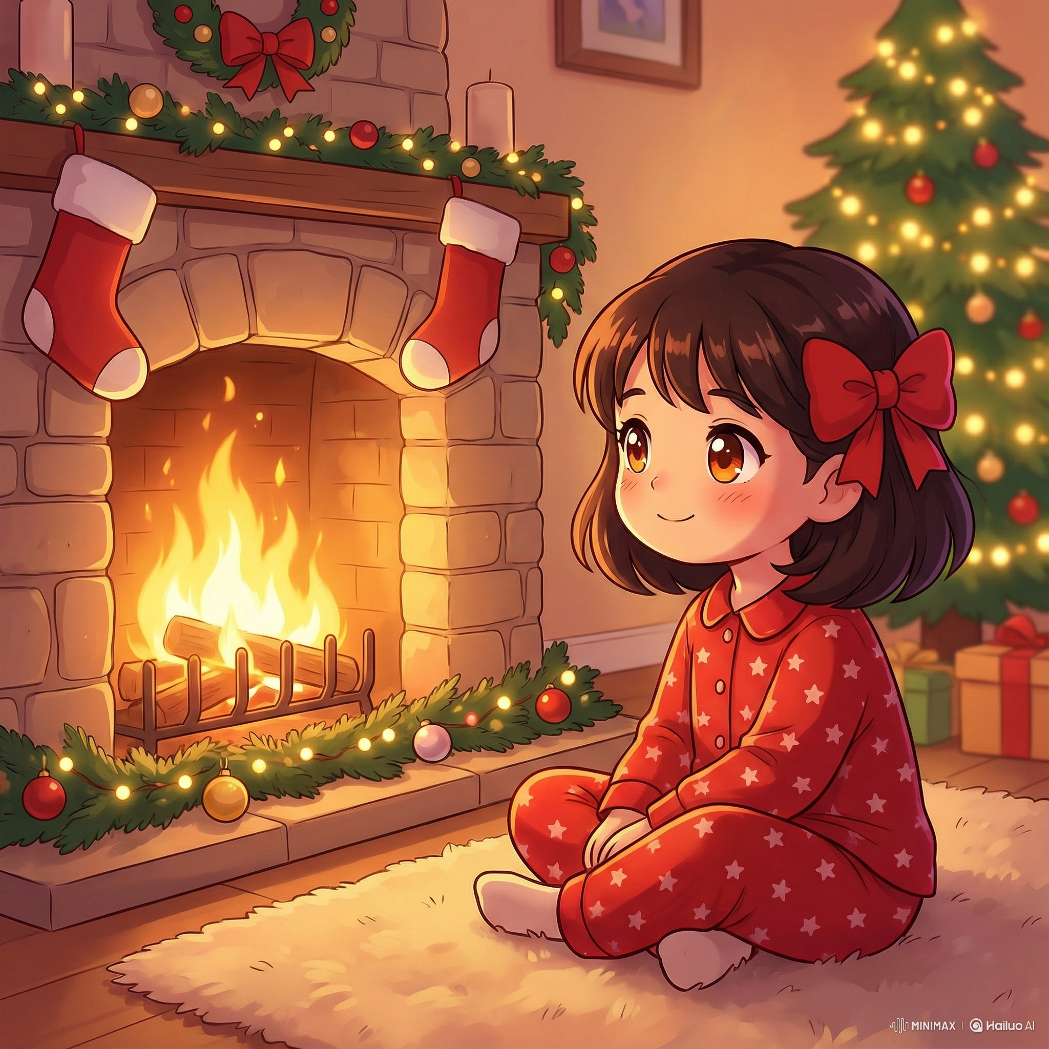 Illustration of a girl in red pajamas sitting by a fireplace during Christmas.
