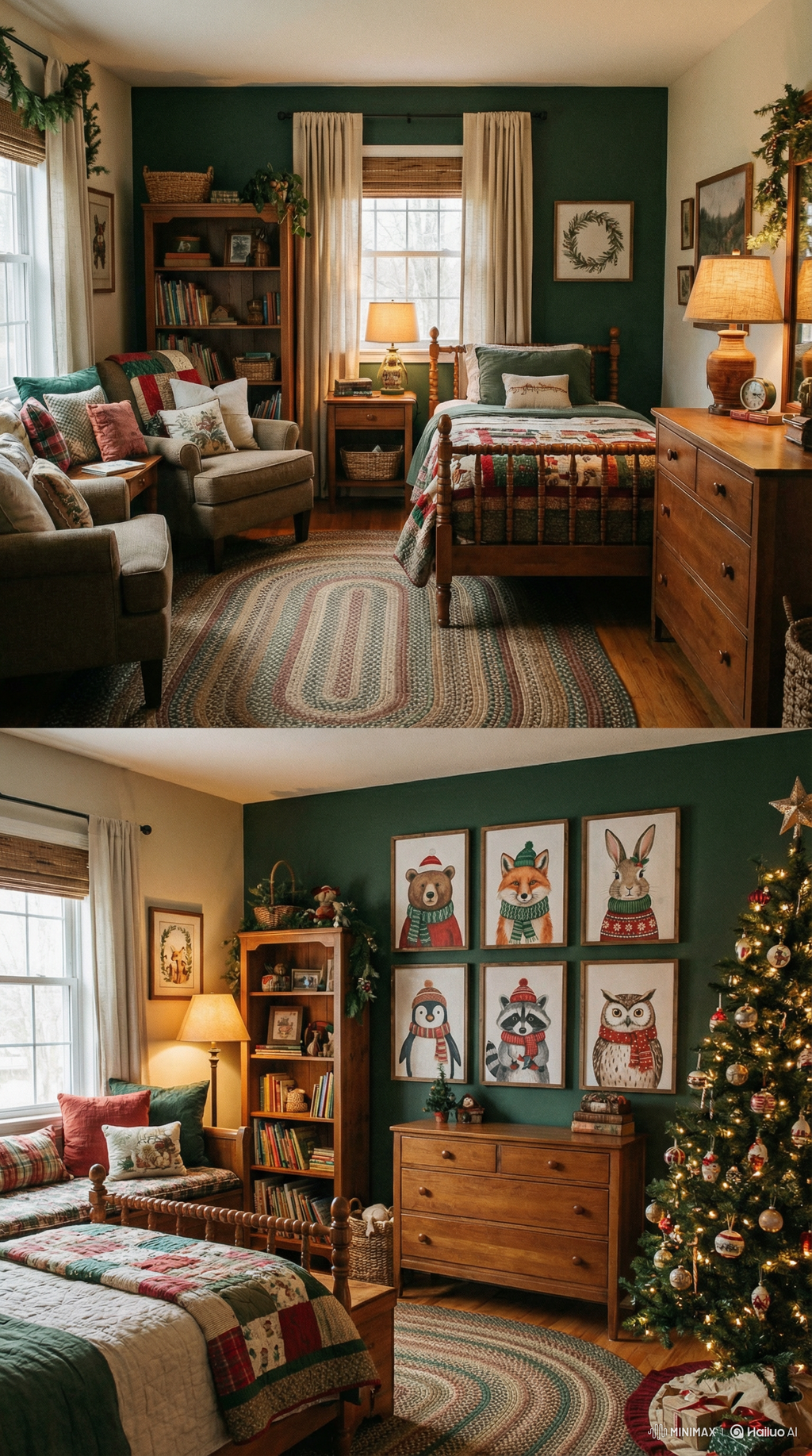 Cozy living room with green walls, wooden furniture, and festive decorations.