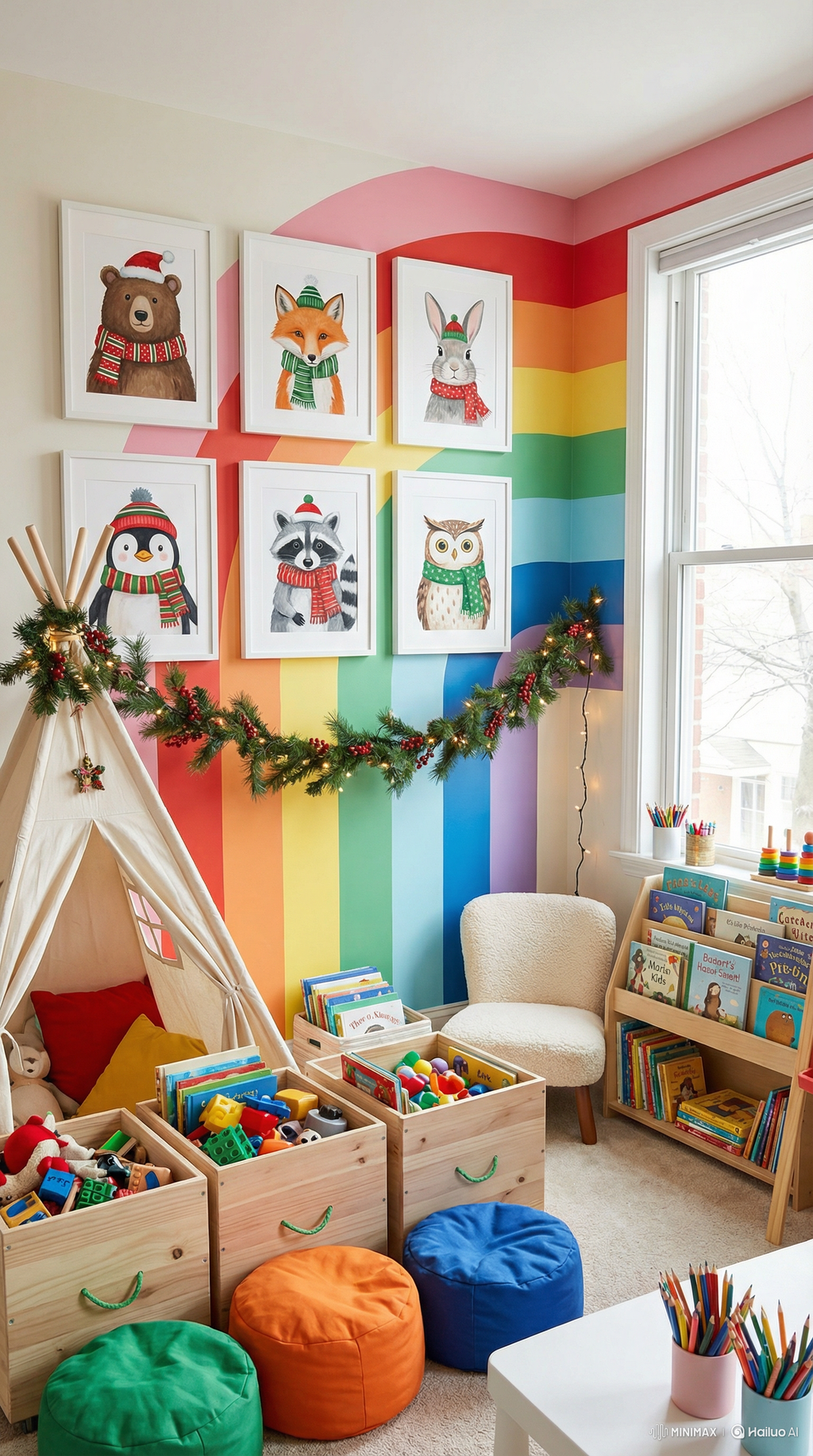 Children's playroom with colorful wall, toys, and books.