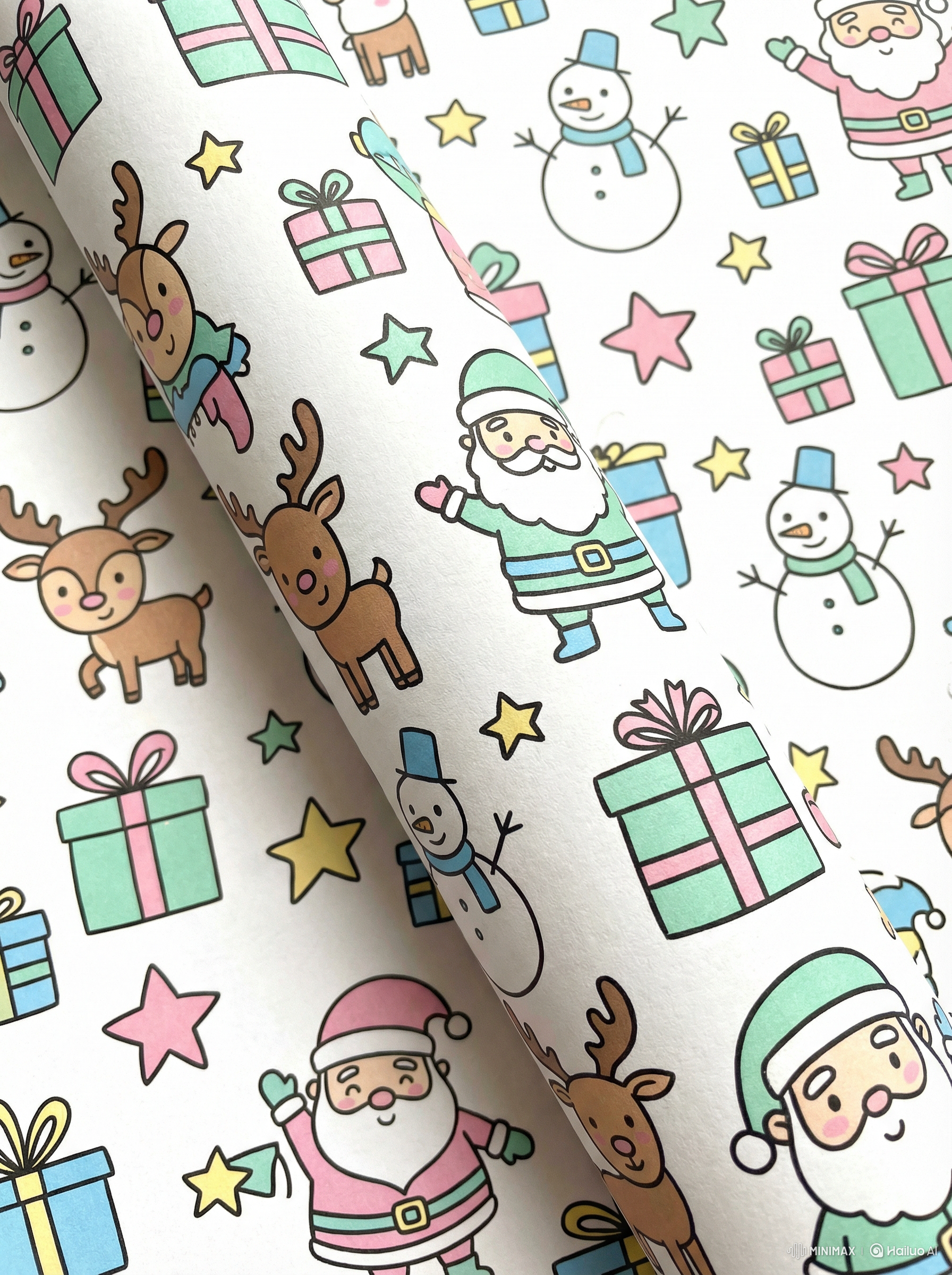 Christmas-themed wrapping paper with Santa Claus, reindeer, snowmen, and presents on a white background.