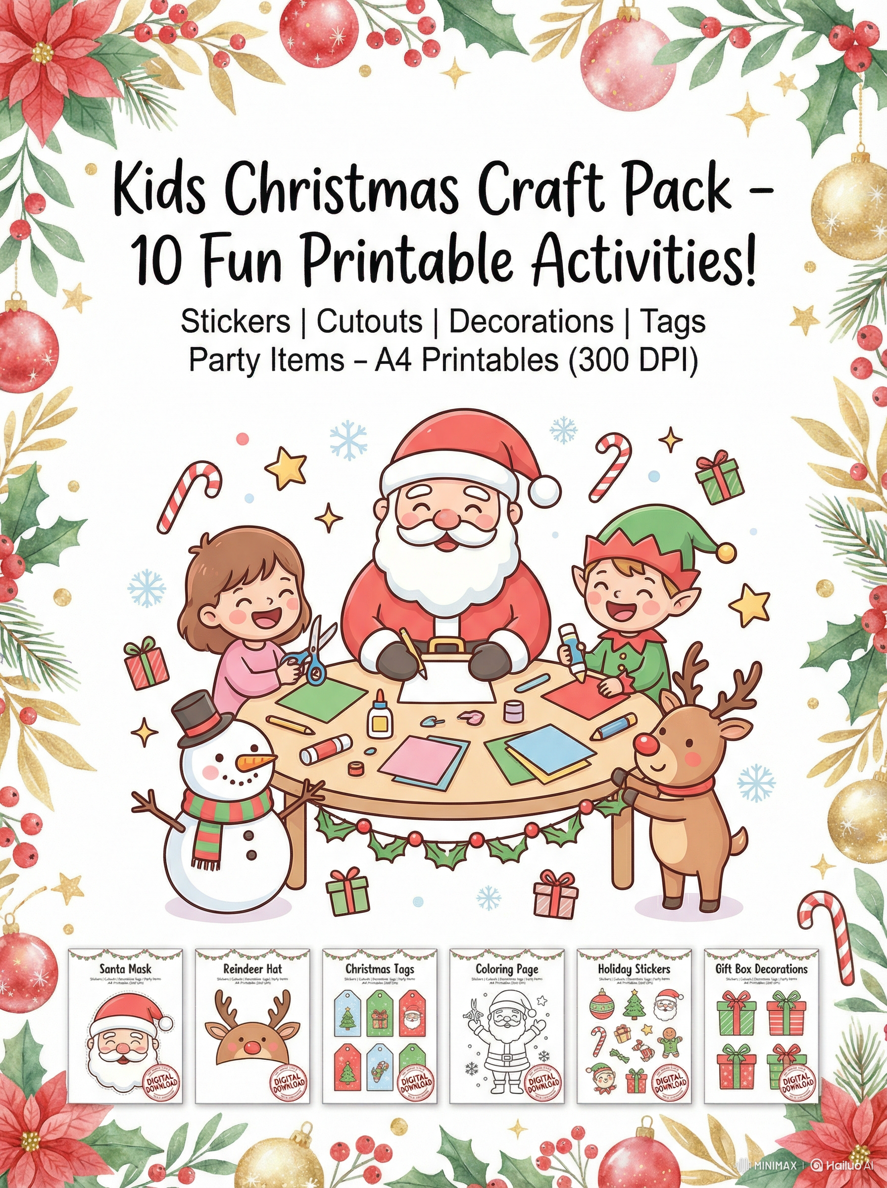 Cover of Kids Christmas Craft Pack with Santa Claus, children, and festive elements.