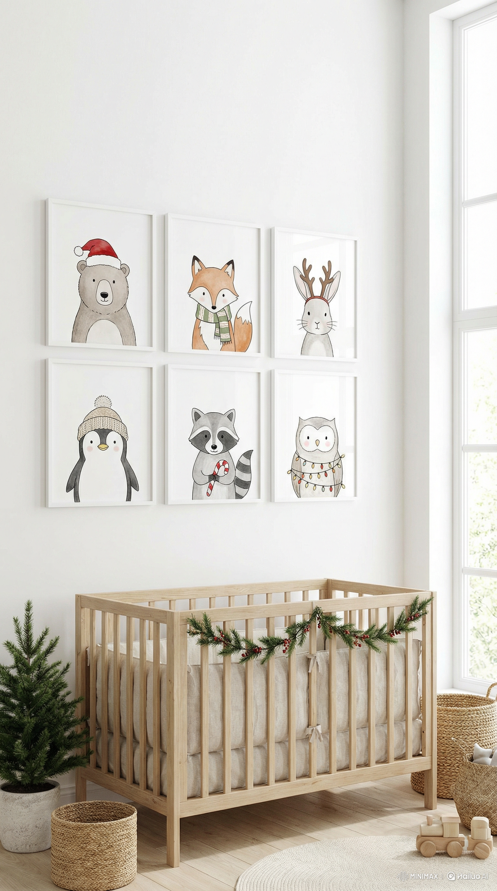 Nursery room with wooden crib and wall art of animals wearing winter clothing.