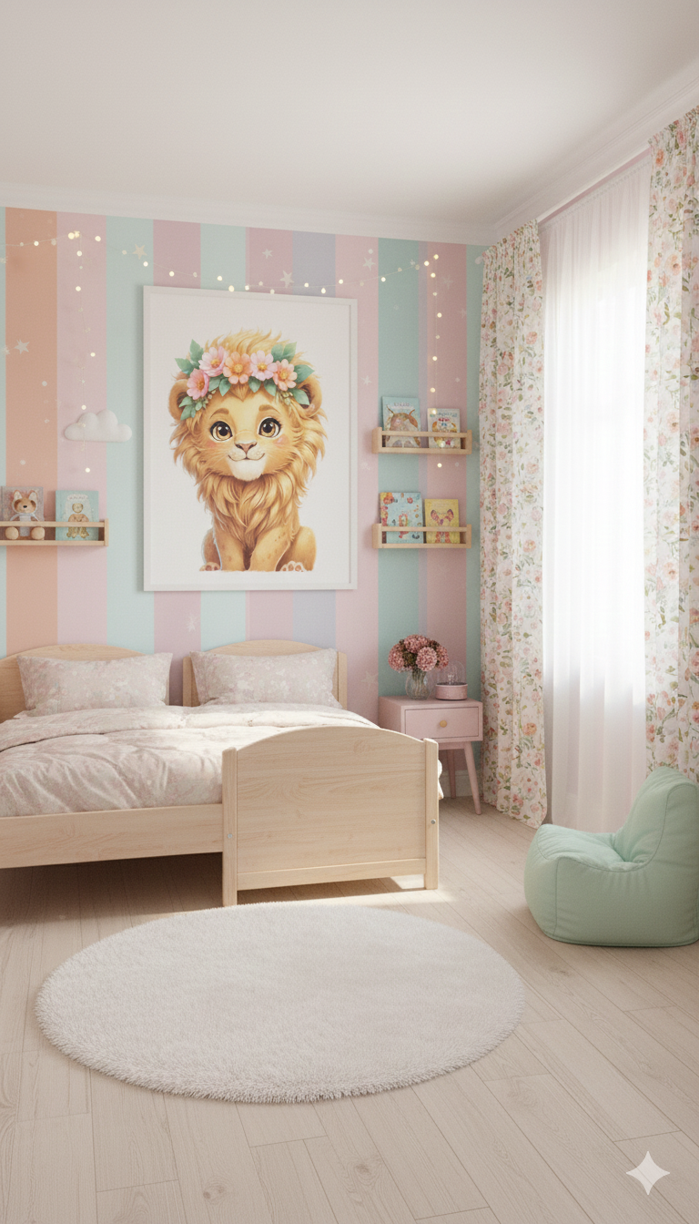 Children's bedroom with pastel decor, including a bed, chair, and wall art of a lion with flowers.