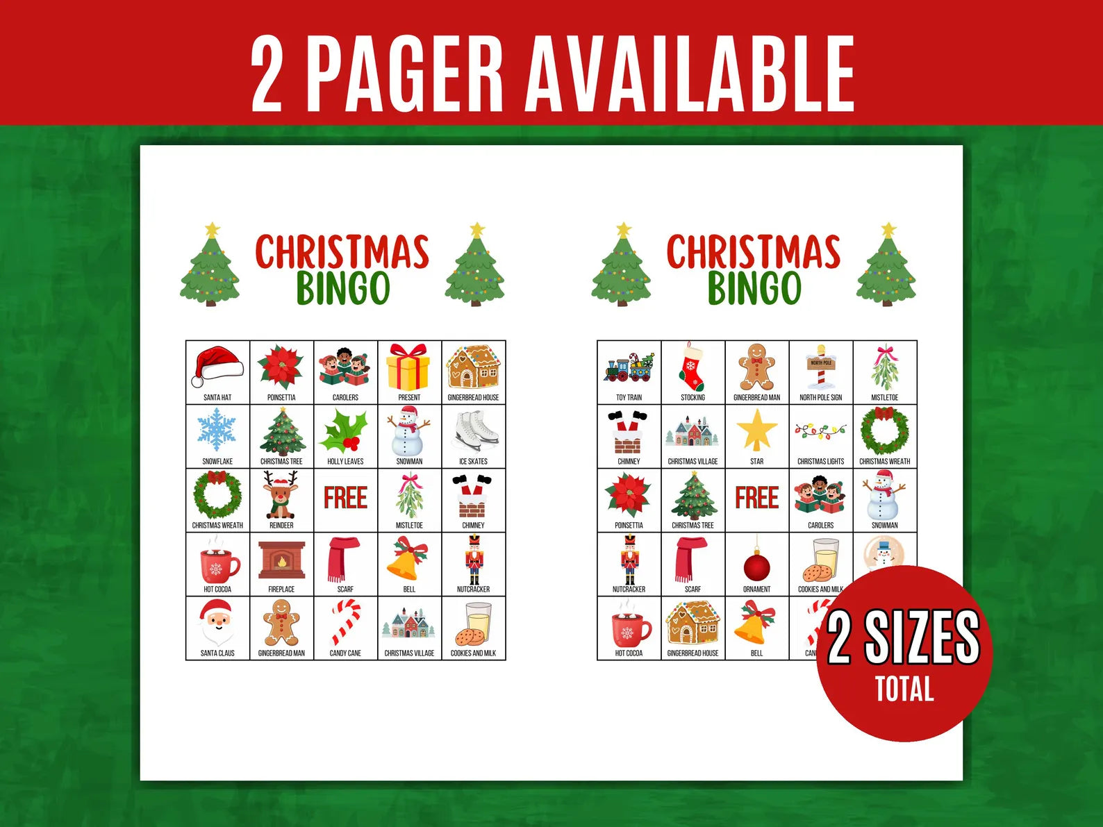 Christmas bingo cards with festive illustrations on a green background