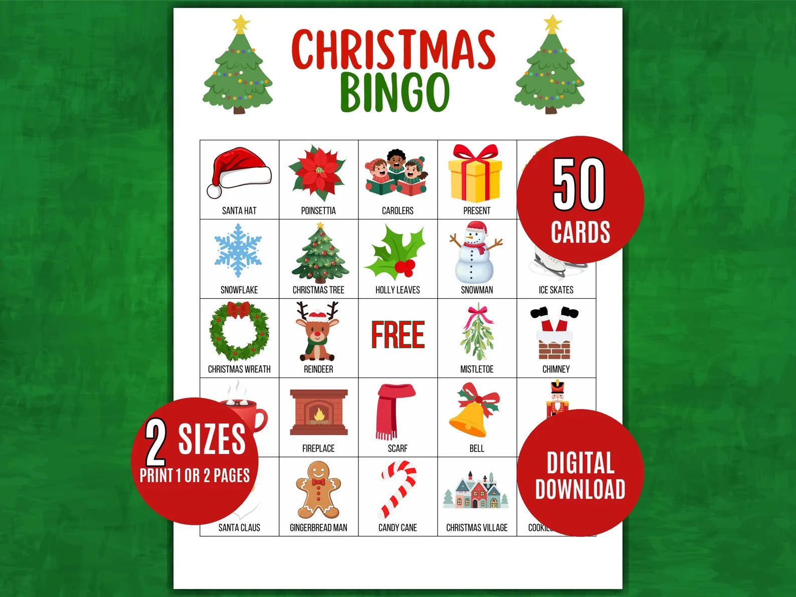 Christmas bingo sheet with various holiday-themed images on a green background