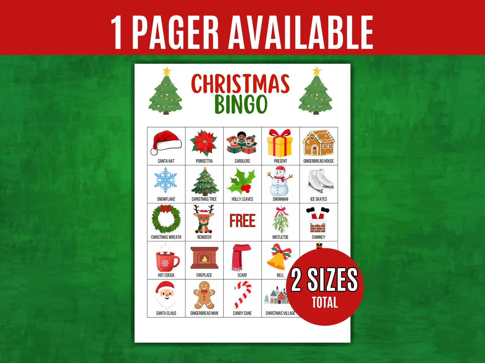 Christmas bingo sheet with various holiday-themed images on a green background