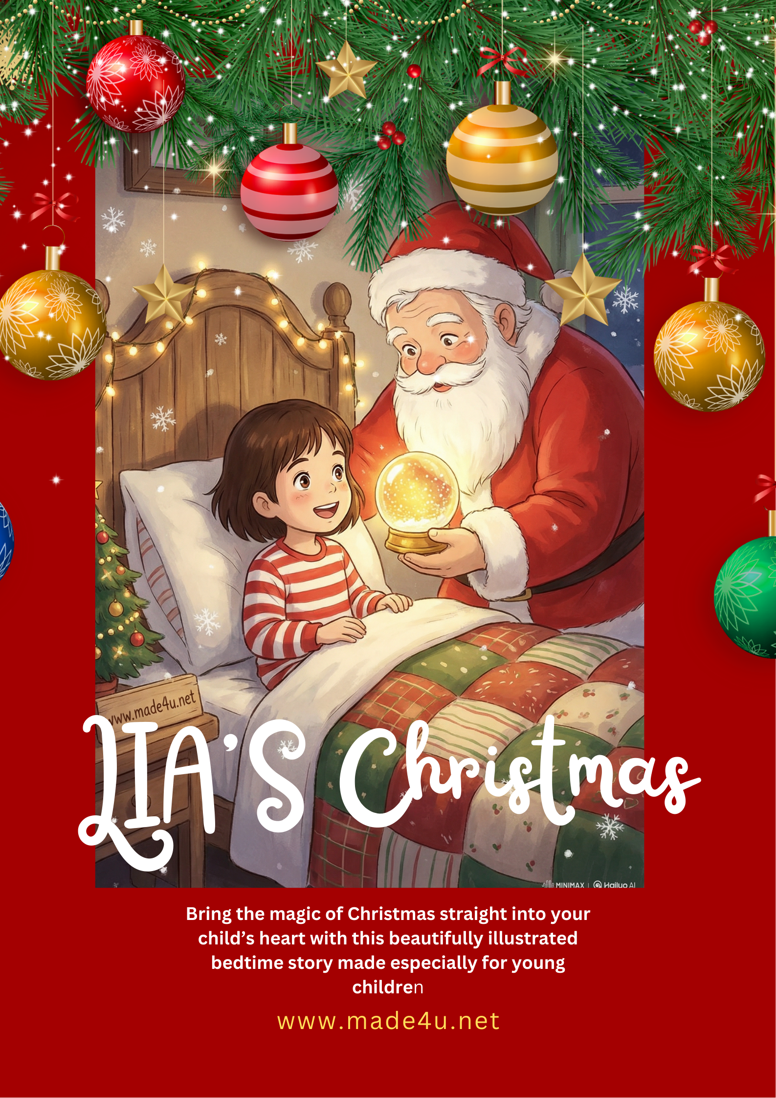 Illustration of Santa Claus with a child holding a glowing Christmas ball, surrounded by festive decorations.