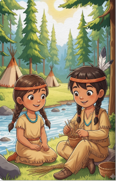 Two children in Native American attire sitting by a stream with trees and teepees in the background.