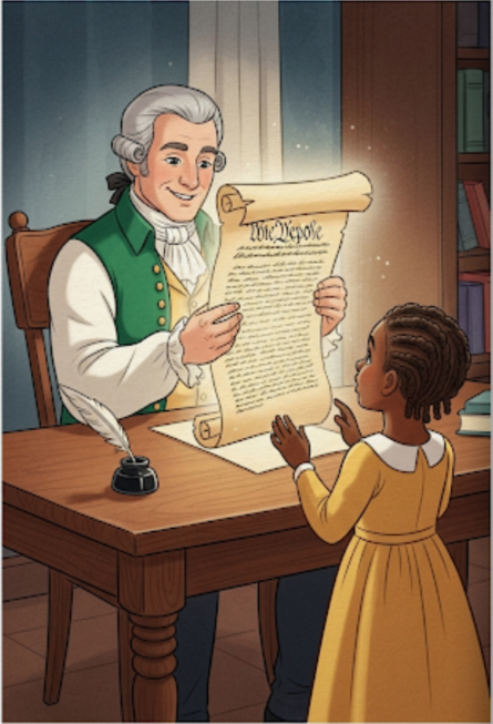 Illustration of a man in colonial attire showing a document to a young girl at a table.