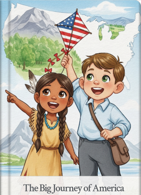 Illustrated book cover with a boy and girl holding an American flag, set against a scenic background.