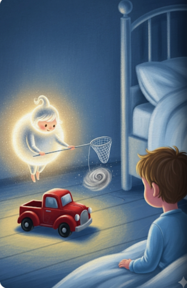 Illustration of a child looking at a red toy truck with a glowing figure in a bedroom.