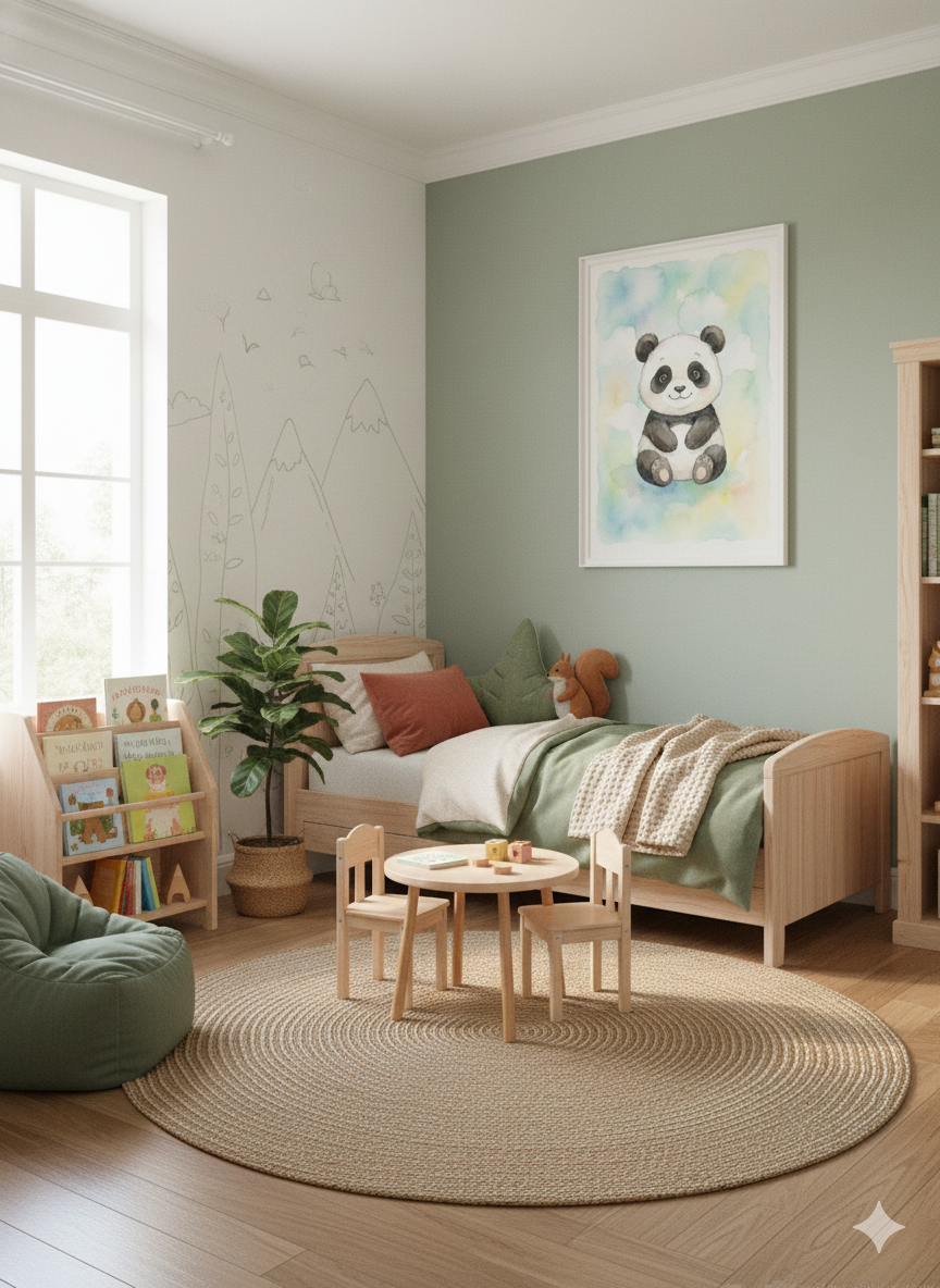 Children's bedroom with a bed, table, chairs, and wall art of a panda.