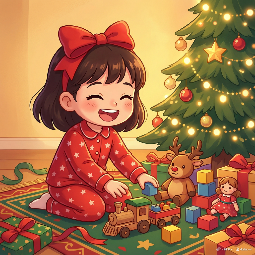 Child in red pajamas playing with toys near a decorated Christmas tree.