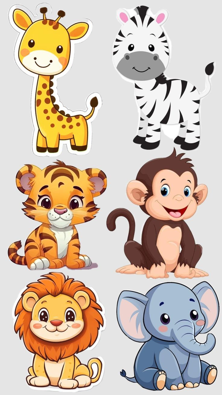 Set of cartoon animal stickers including a giraffe, zebra, tiger, monkey, lion, and elephant on a gray background.