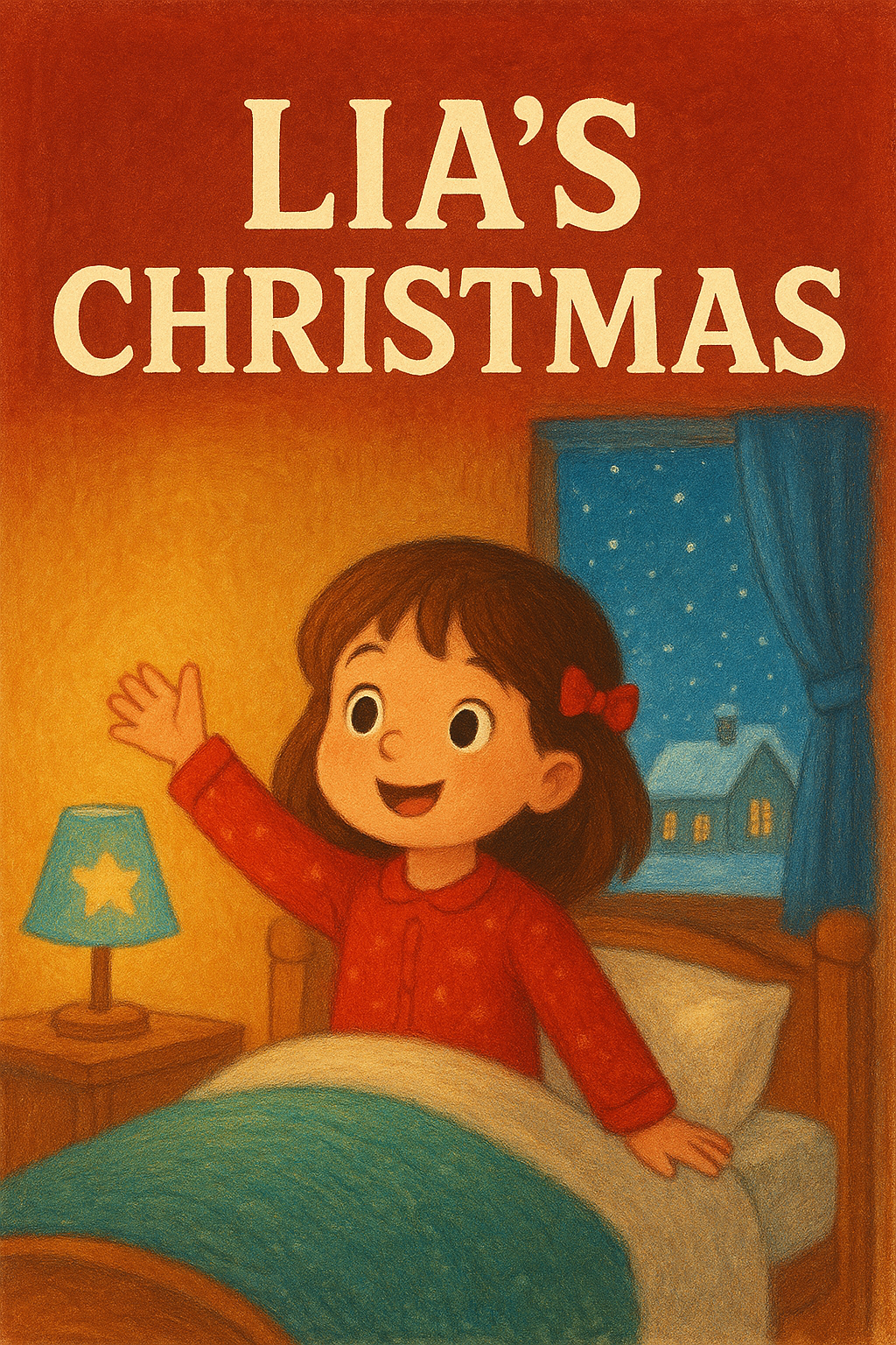 Book cover of 'Lia's Christmas' with a girl in pajamas waving from bed.