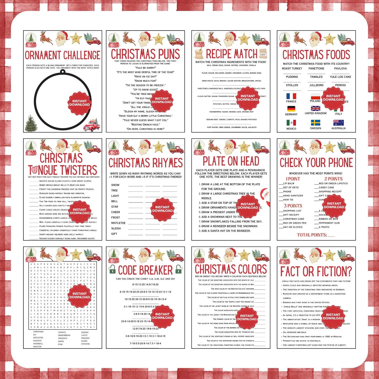 Collection of Christmas-themed games and activities on a red and white checkered background