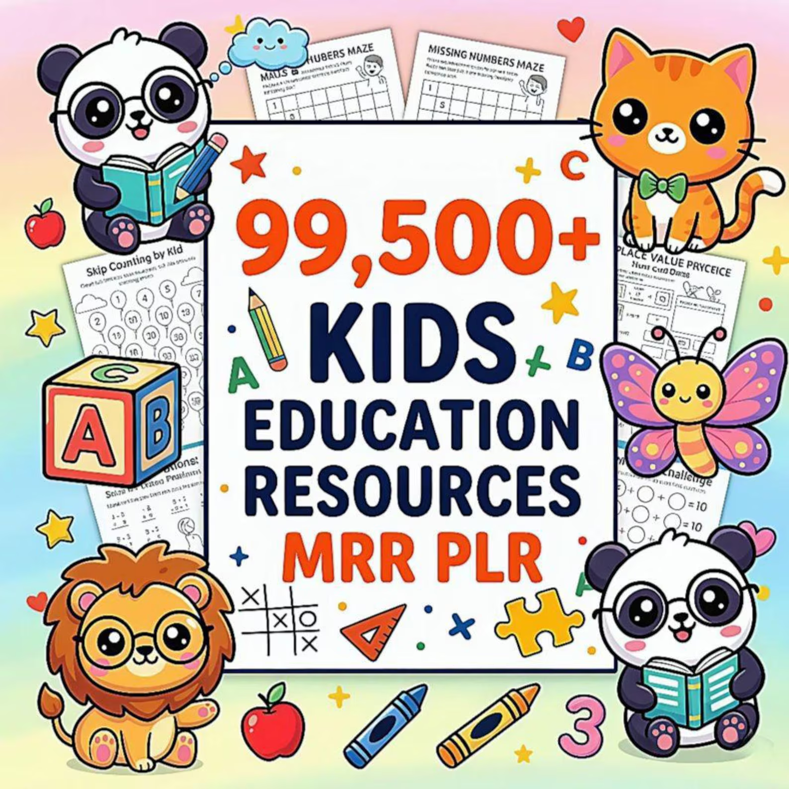 Promotional graphic for kids education resources with cartoon animals and educational materials.