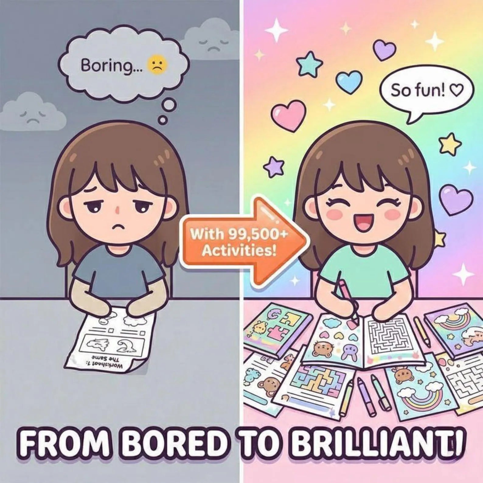 Cartoon of a child transitioning from boredom to excitement with colorful activities.